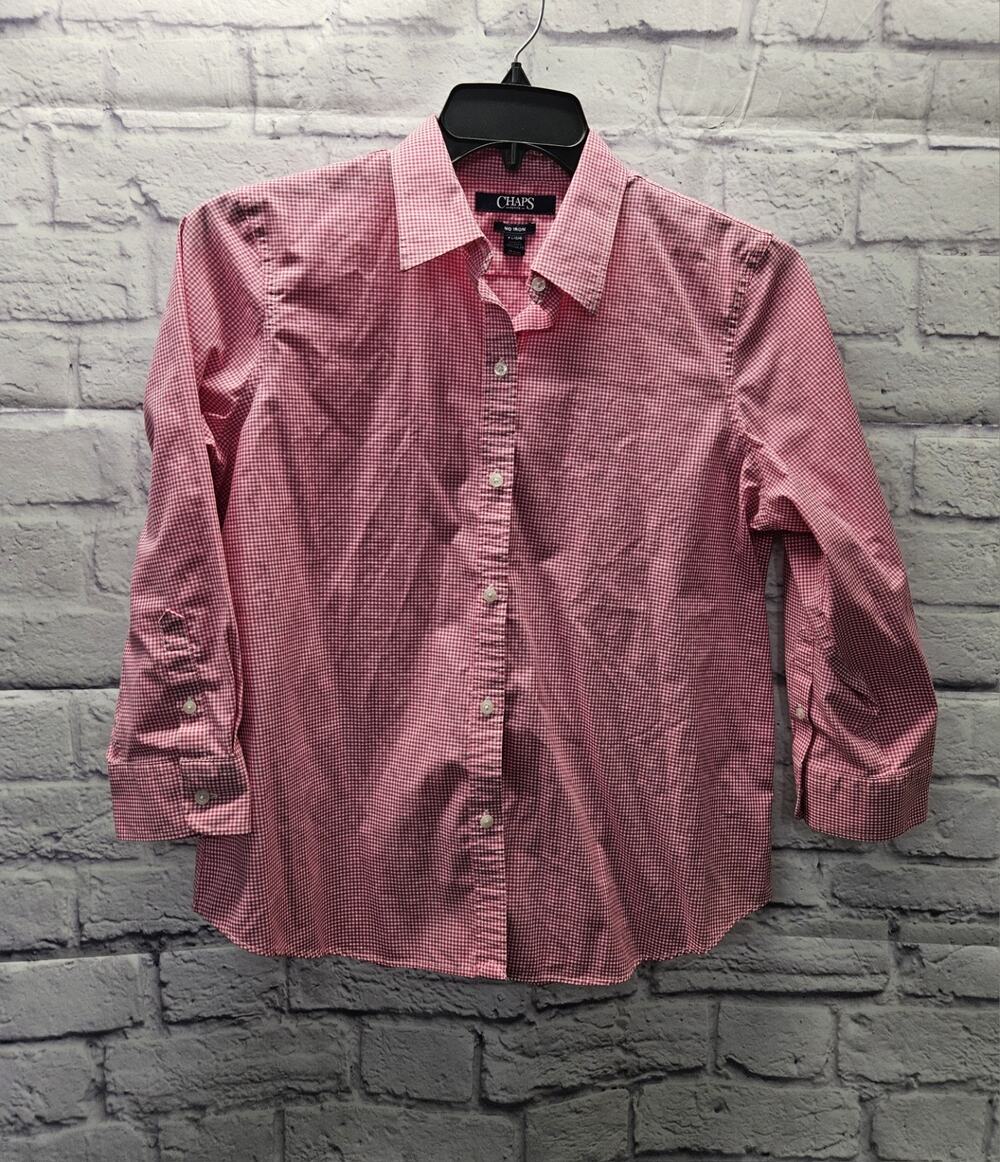 Chaps Petite Pink Gingham Button Down Shirt Womens PL No Iron Cotton Top Blouse